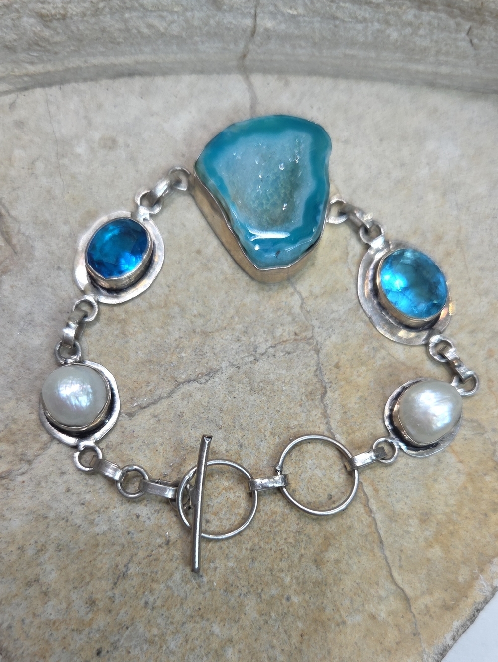 Blue Drusy, Blue Topaz & Freshwater Real Pearl Link Bracelet 925